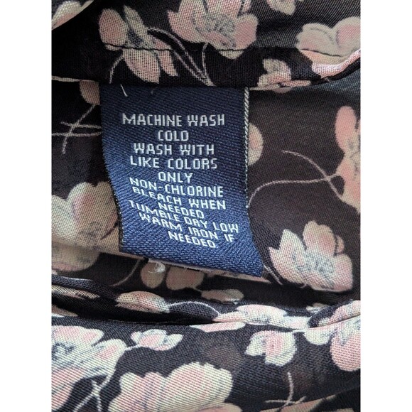 CHAPS 1978 Top Womens L Black Pink Ruffled Floral Flutter Sleeve Chiffon Blouse - Picture 10 of 13